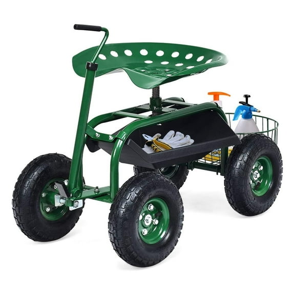 Rolling Garden Cart with Seat, Heavy Duty Gardening Scooter w/Wheels, Storage & Extendable Steering Handle, Garden Work Seat for Planting, Green