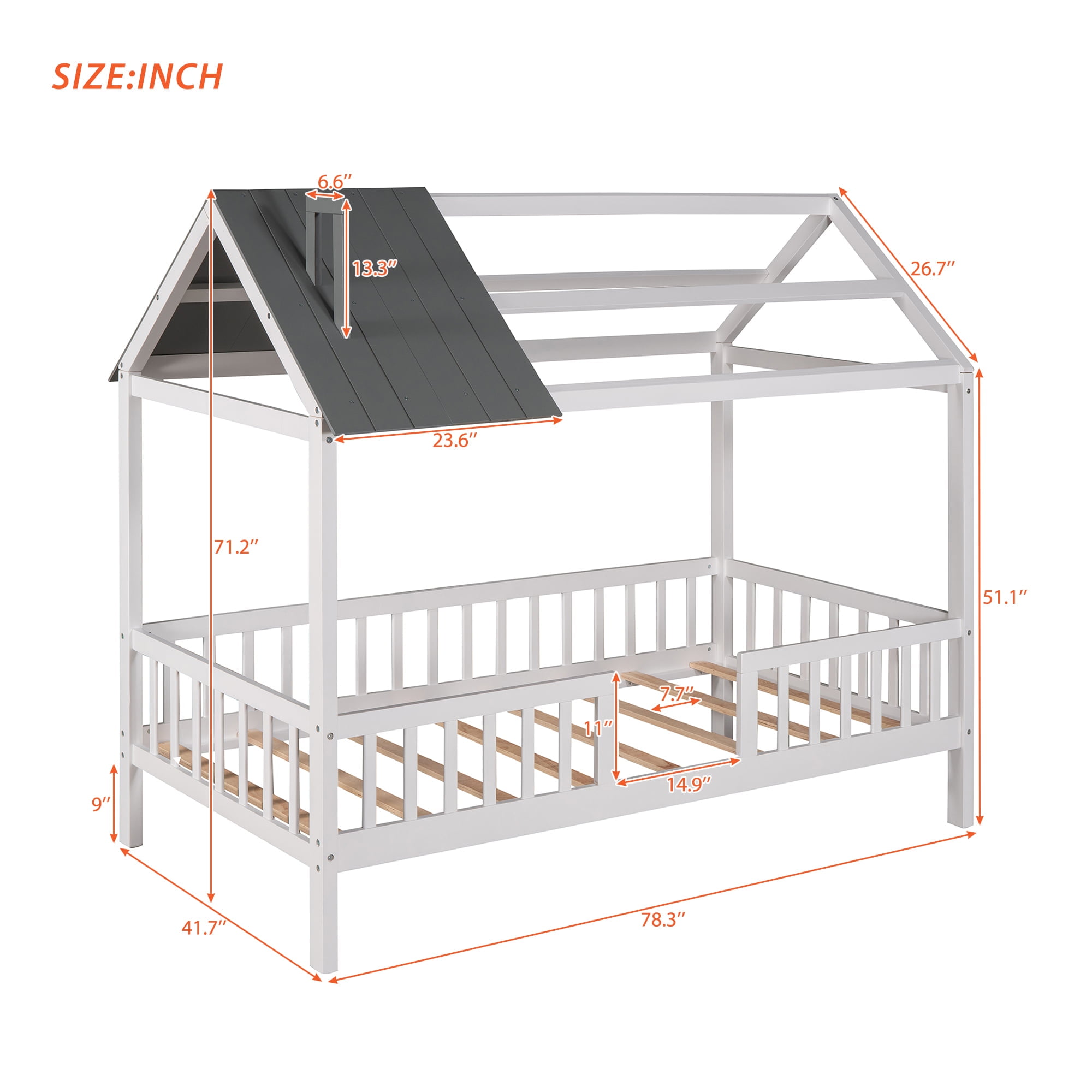 Bellemave Twin House Bed, Twin Size Wood Bed Frame with Roof and Fence, Montessori Beds Frame with Slats, No Box Spring Needed (White+Gray)