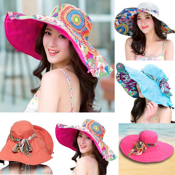 Women's Two Side Print Wide Brim Straw Hat Floppy Beach Sun Cap Style