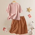 thumbnail image 2 of Jxximdong Plus Size Women Blouses, Cotton Linen Short Sleeve Tshirt and Elastic Shorts Set Breathable Summer Casual 2Pcs Outfit, Brown Daily Dresses for Women, 2 of 9