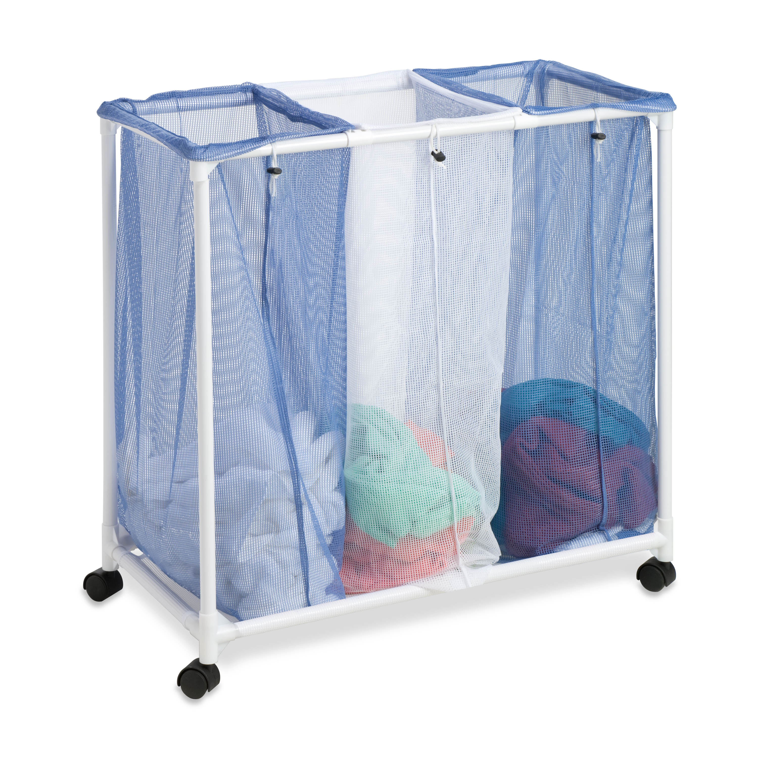 Honey-Can-Do Plastic 3-Compartment Polyester Mesh Rolling Laundry Sorter, Blue and White - image 2 of 3