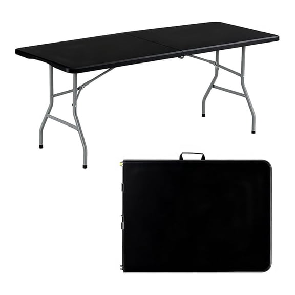 Folding Table 6FT Portable Heavy Duty Plastic Table with Carrying Handle Fold-in-Half Utility Foldable Tables for Parties Wedding Events Dining Indoor Outdoor Picnic (Black)