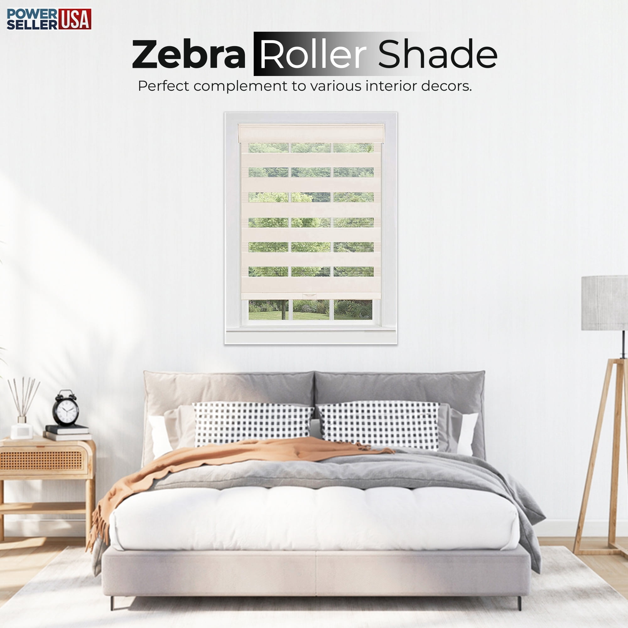 PowerSellerUSA Cordless Zebra Blinds Roller Shade, Celestial Sheer Double Layered Window Shade Privacy Light Control, Day and Night Window Drapes, 43" x 72", Linen