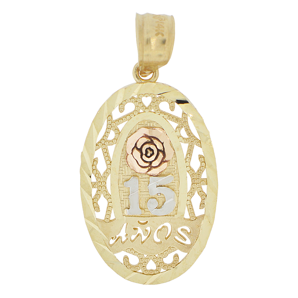 14k Tricolor Gold, Mis 15 Anos Quinceanera Pendant Charm Oval Filigree Rose 13.5mm
