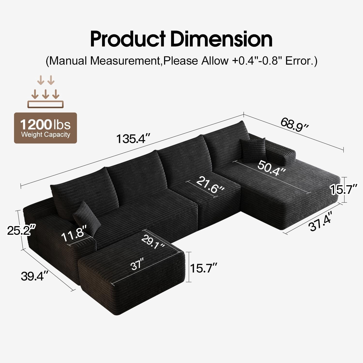 Sailvan 135" Cloud Sectional Couch, Cloudy Sofa with L-Shape Chaise & Ottoman, Upholstered Couches for Living Room & Bedroom, No Assembly Required, Plush Corduroy Fabric, Black
