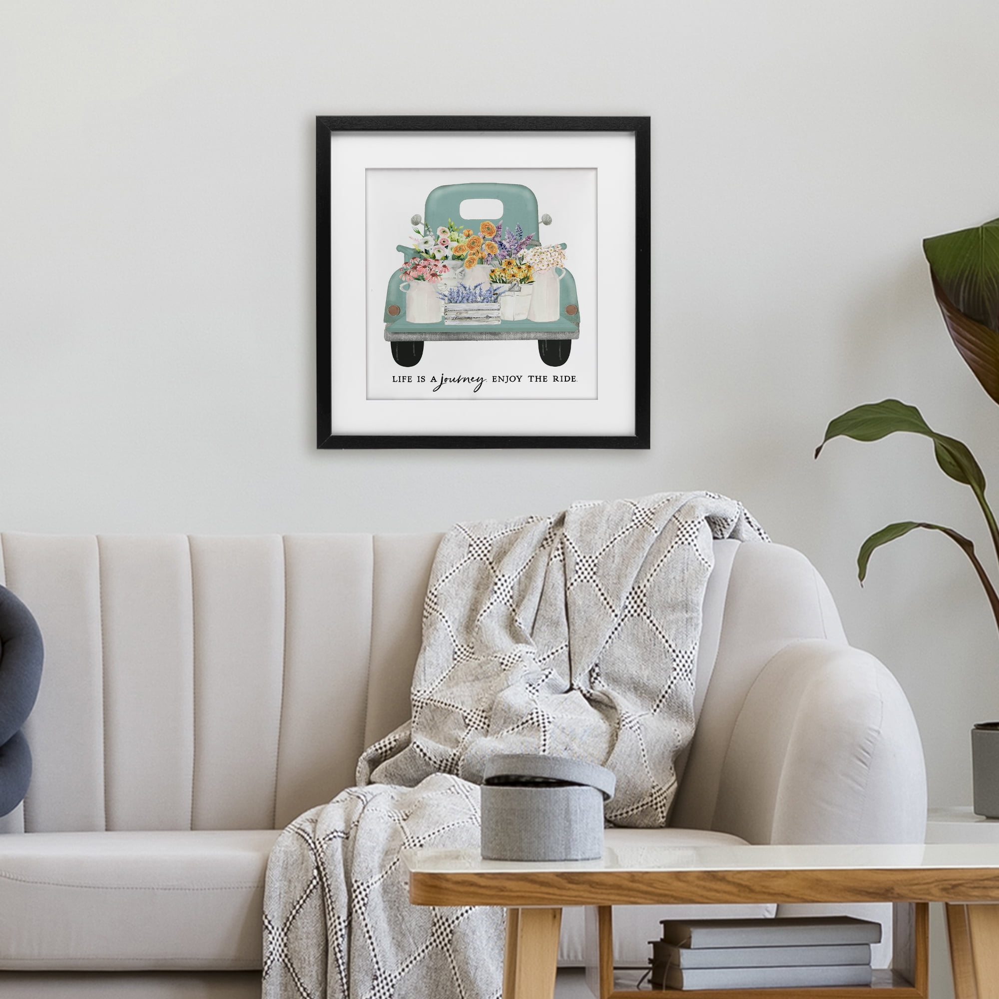 Enjoy Ride Floral Truck Black Framed Print Under Glass, design by Lettered and Lined