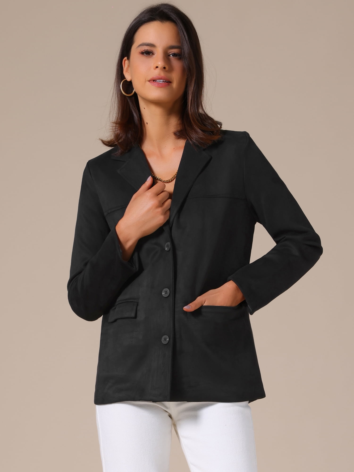 DARING DIVA Women's Faux Suede Lapel Open Front Long Sleeve Blazer Jacket L Black