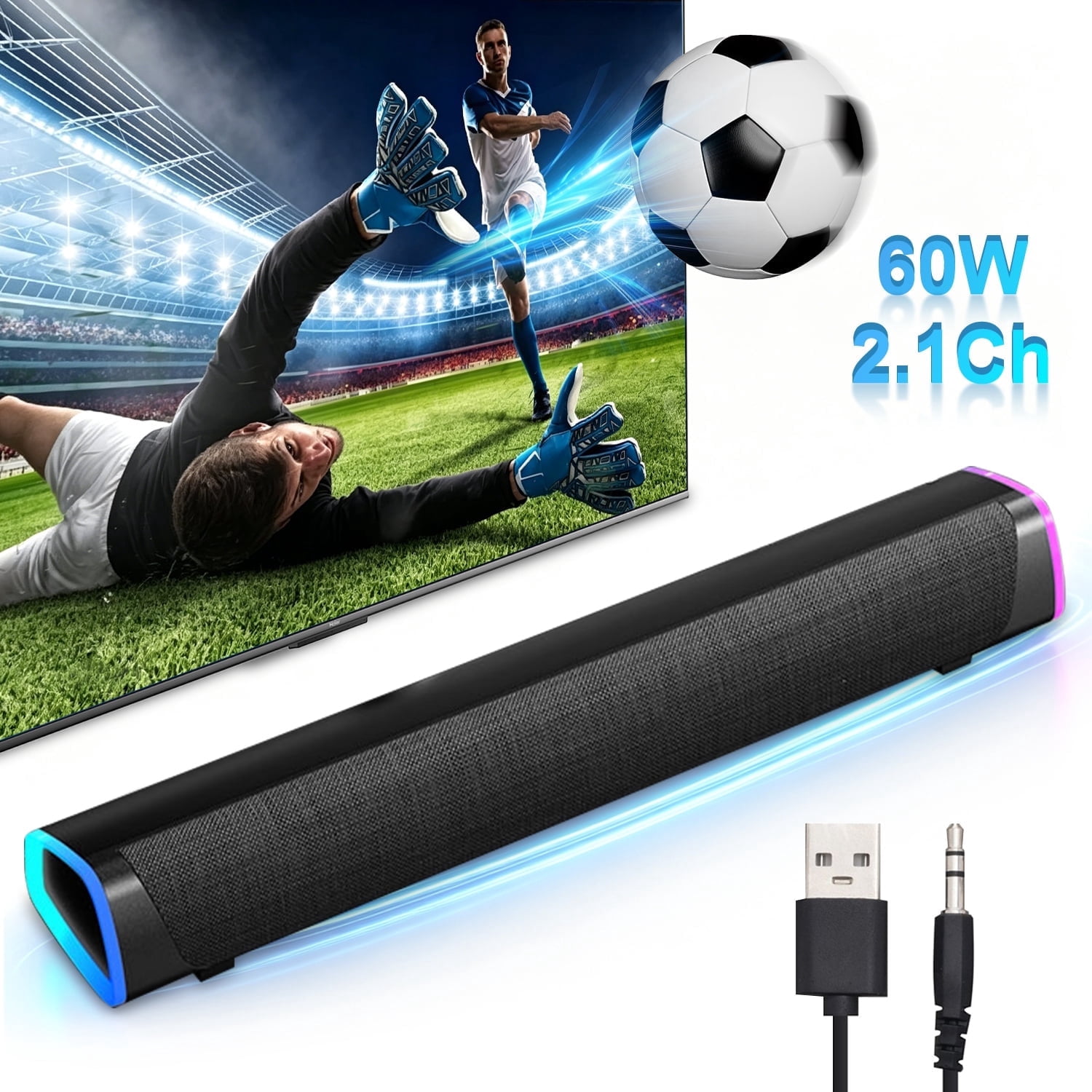 Salange Small Sound Bar for TV Computer, Compact Soundbar with Built-in Subwoofer, Bluetooth 5.4, USB/AUX,16.3inch