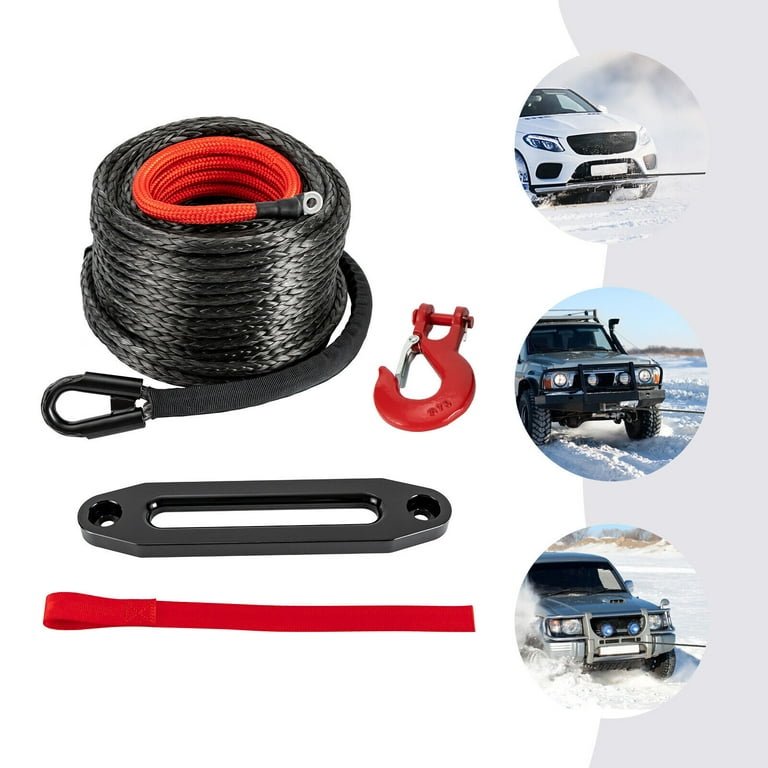 Synthetic Winch Rope 3/8x100ft ,1/2x92 ft 23809LBs Line Cable with Hook  Black/Red 