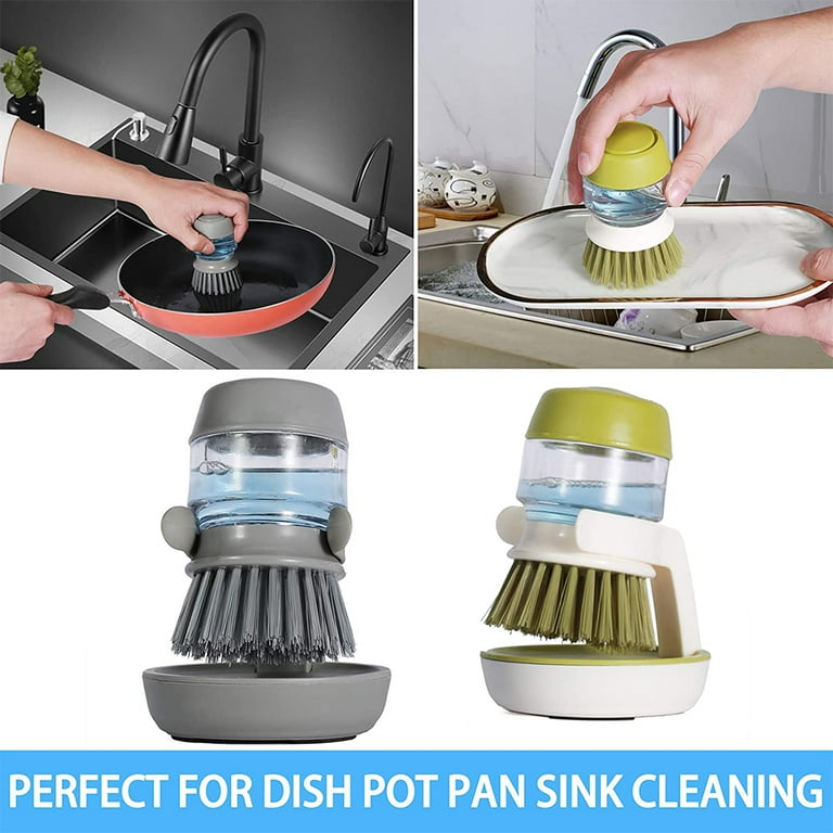 Soap Dispensing Scrub Brush with Drip Tray, Washing Brush for Dishes Pots Pans Sink Cleaning, Kitchen Scrubber Storage, Size: 9, Gray