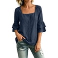 thumbnail image 5 of Tops for Women 3/4 Sleeve Square Neck Solid Color Casual Cotton Linen with Petal Sleeves Top, 5 of 8