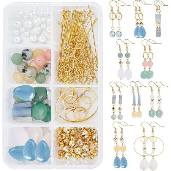 1 Box DIY Make 10 Pairs Stone Beads Earring Making Kit Including Stone Beads Glass Pearl Bead Bar Links Brass Linking Rings Jewelry Findings for Women Adults DIY Earring Making DIY