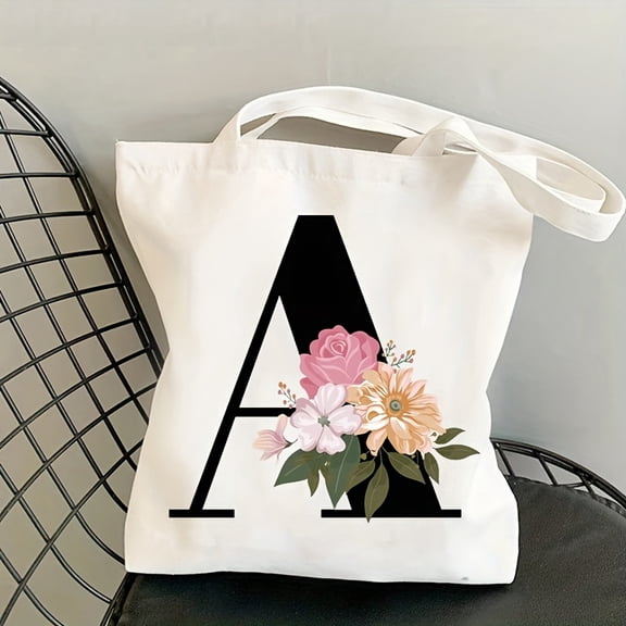 Flower Letters Print Canvas Tote Bag, Lightweight School Shoulder Bag, Reusable Large Shopping Bag Gift For Women's Day