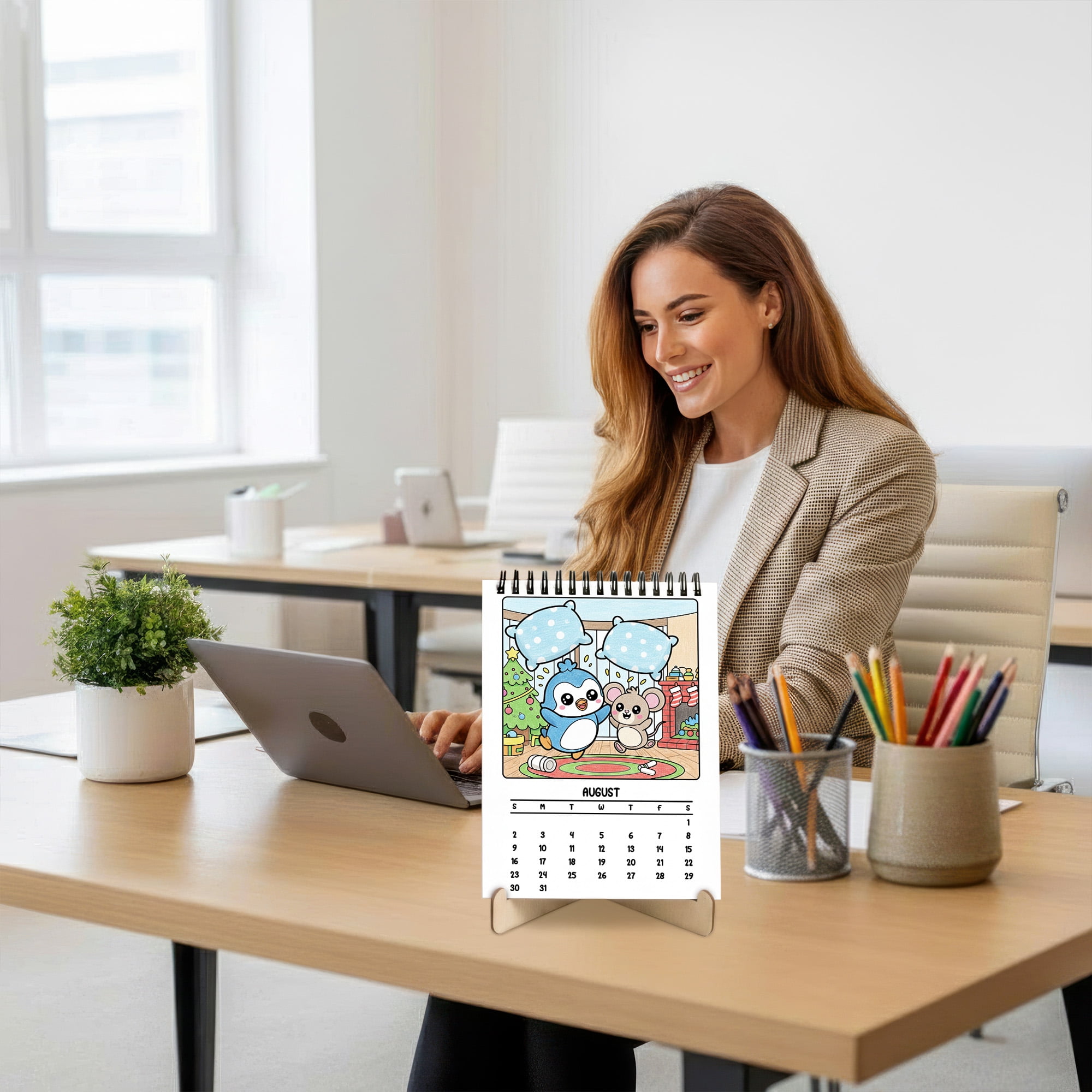 Cozy Christmas Coloring Desk Calendar 2026–2027, A5 Wooden Cover Planner with 26 Easy Coloring Pages for Adult Relaxation, 24 Month Desktop Calendar with Stand, Gift for Family & Friends