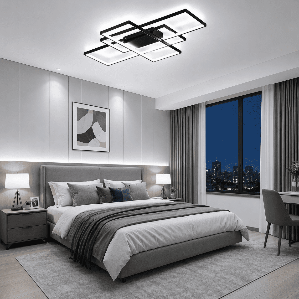 Garwarm 35.4in. Black 3-Square LED Ceiling Light with Remote, 50W Dimmable Flush Mount Ceiling Light, Modern Acrylic Fixture for Living Room Bedroom Kitchen
