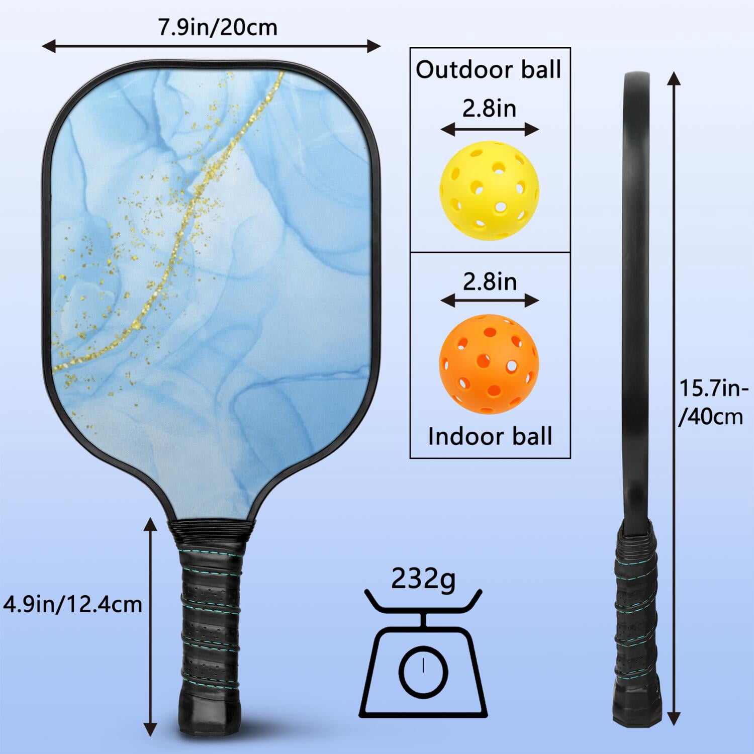 Pickleball Paddles Set Of 1, Fiberglass Surface, Turquoise Marble Pattern, 1 Paddle, 2 Balls & Bag
