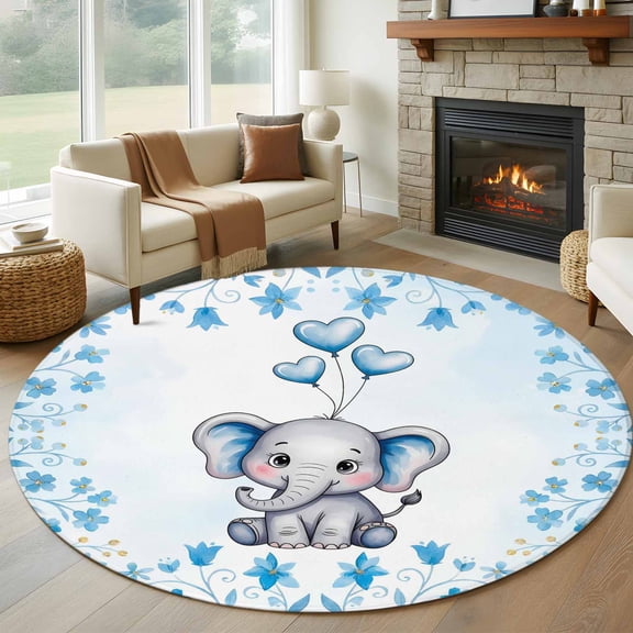 Blue Elephants Round Area Rug 7Ft Washable Circle Rugs for Dorm Laundry Room, Spring Floral Watercolor Botanical Animals Non-Slip Carpet Floor Mats Indoor Outdoor Carpet Runner Aesthetic Home Decor