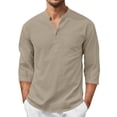 thumbnail image 4 of Awwp Men's Linen Cotton Shirt 3/4 Sleeve Stand Collar Casual Button down Shirts with Pocket Breathable Summer Shirts 8 Colors Available Vacation Beach Shirt Khaki Size: L, 4 of 9
