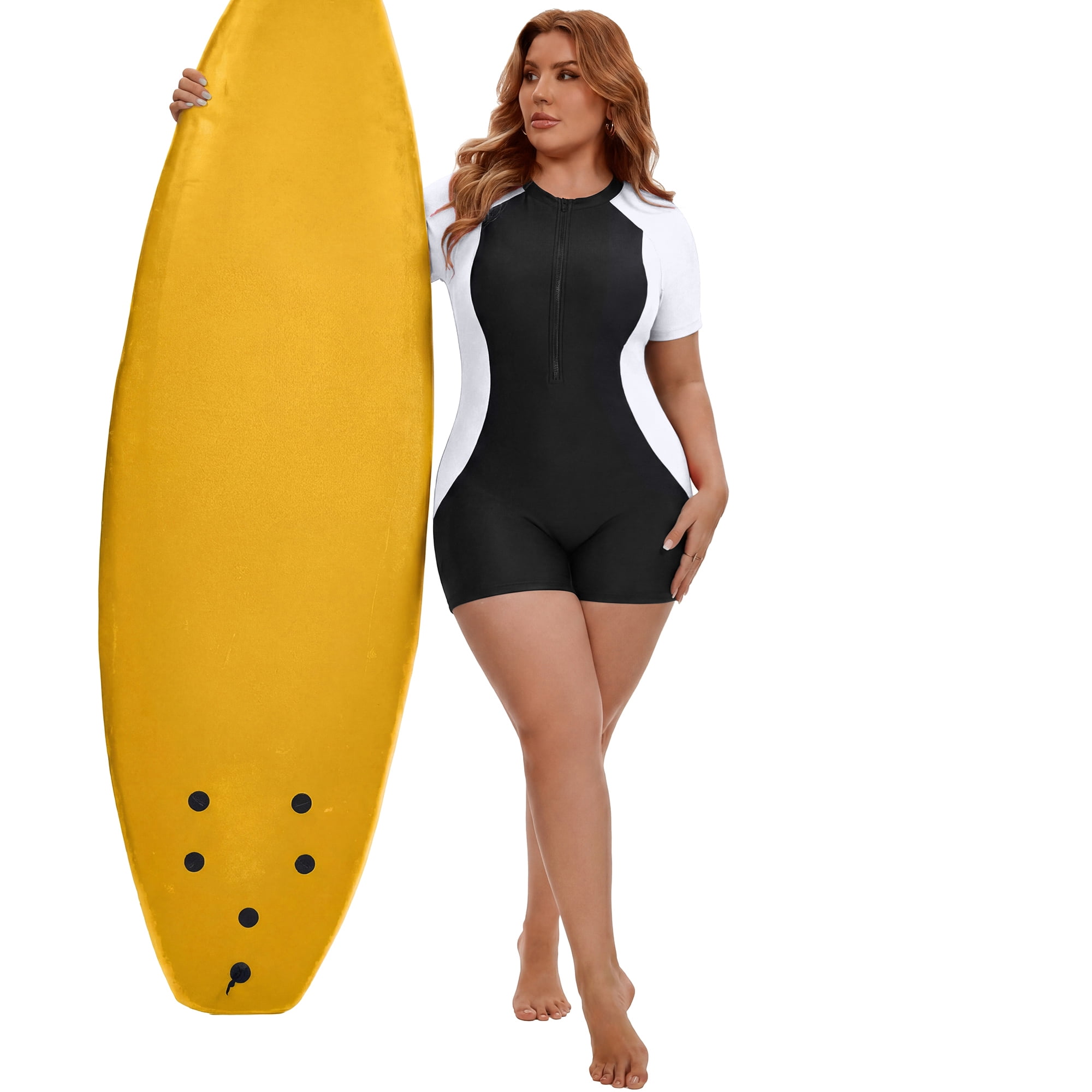 DARING DIVA Women's Plus 1 Piece Zip Front Short Sleeve Swimsuit 3X Black White
