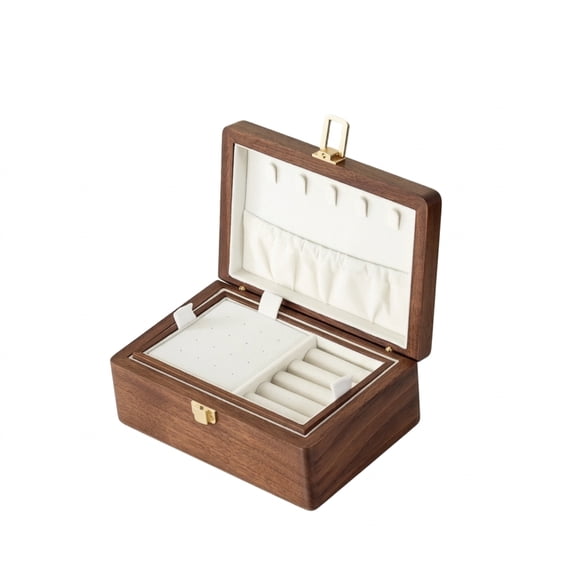 Lazsy Jewelry Organizer Display Box Walnut Wood Two Layer Velvet Lined Interior for Rings Earrings Necklaces Women