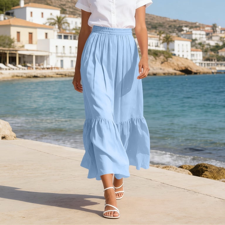 Summer Skirts for Women Tiered Ruffle Flowy Maxi Skirt Casual Elastic Waist Pleated Skirts Loose Boho Swing Skirt Dresses with Pockets Fashion Solid A-Line Swing Long Skirts Beach Vacation Outfits