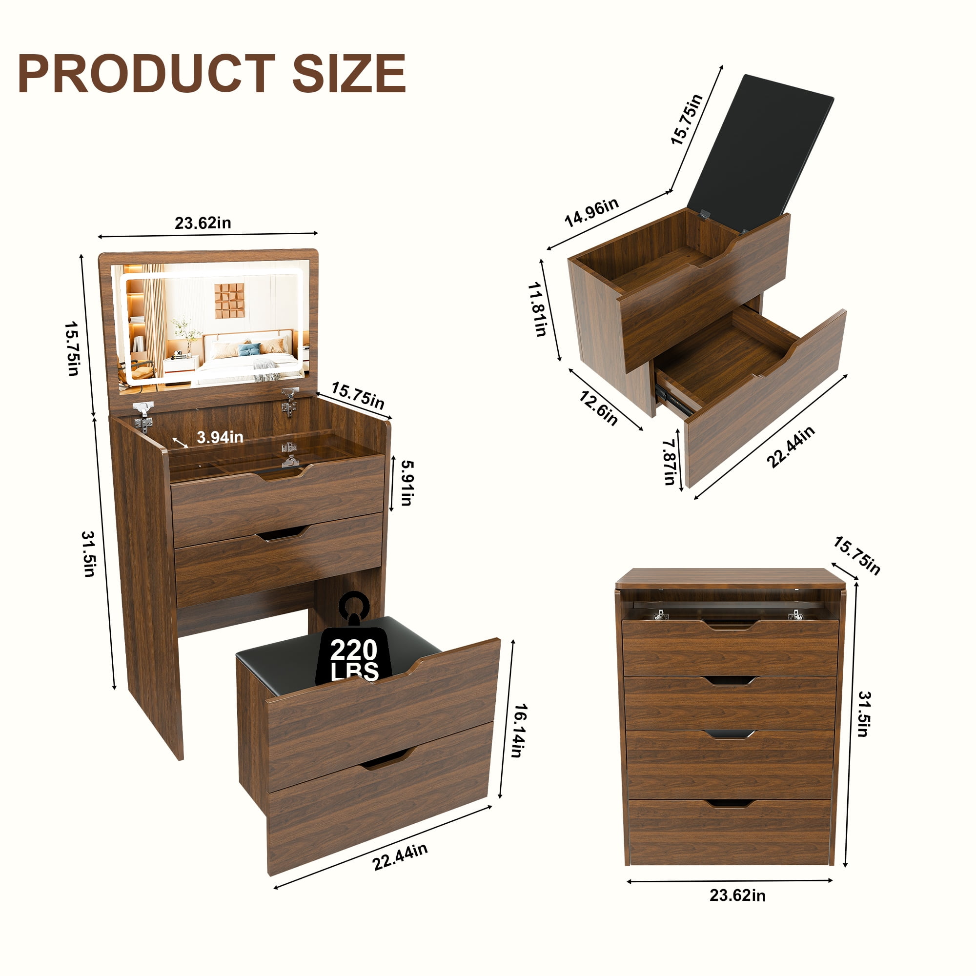 Jopath 3-in-1 Vanity Desk with Mirror & LED Lighted,23.62" W Flip Top Makeup Dressing Table with 4 Drawers for Bedroom,Walnut