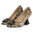 thumbnail image 3 of YDN Women Rhinestone Studded Buckle Pumps Slip On Crystal Chunky High Heels Closed Pointed Toe Office Shoes Size 7 Leopard, 3 of 4
