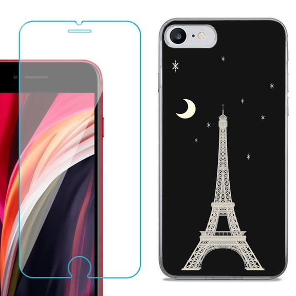 Slim-Fit Fashion Gel Phone Case for iPhone SE 2022, with Tempered Glass Screen Protector, by OneToughShield ® - Eiffel Tower Moon