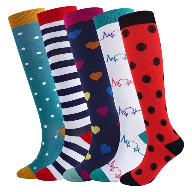 KAWELL Calcetines de compresión para mujeres y hombres, calcetines hasta la rodilla con soporte de 15-20 mmHg para correr, enfermería, atletismo,5 Pairs-Multicoloured i,Small-Medium