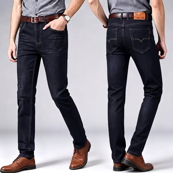 DENTOYOU Men's Regular Straight Fit Jean Pants Comfort Flex Waist Denim Jeans Black 34