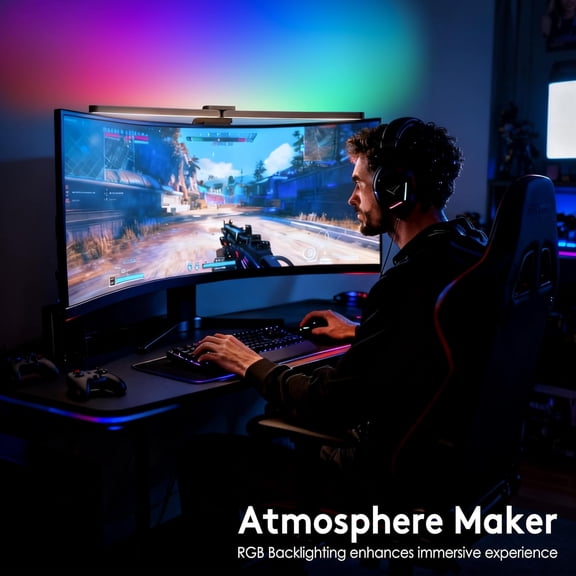 Curved Monitor Light Bar 15 RGB Backlight for 34"  Screens, Computer Bar Lights Fold Dual Light with Color Temperature Brightness Stepless Dimming, No Glare Desk Lamp for Home Office Gaming