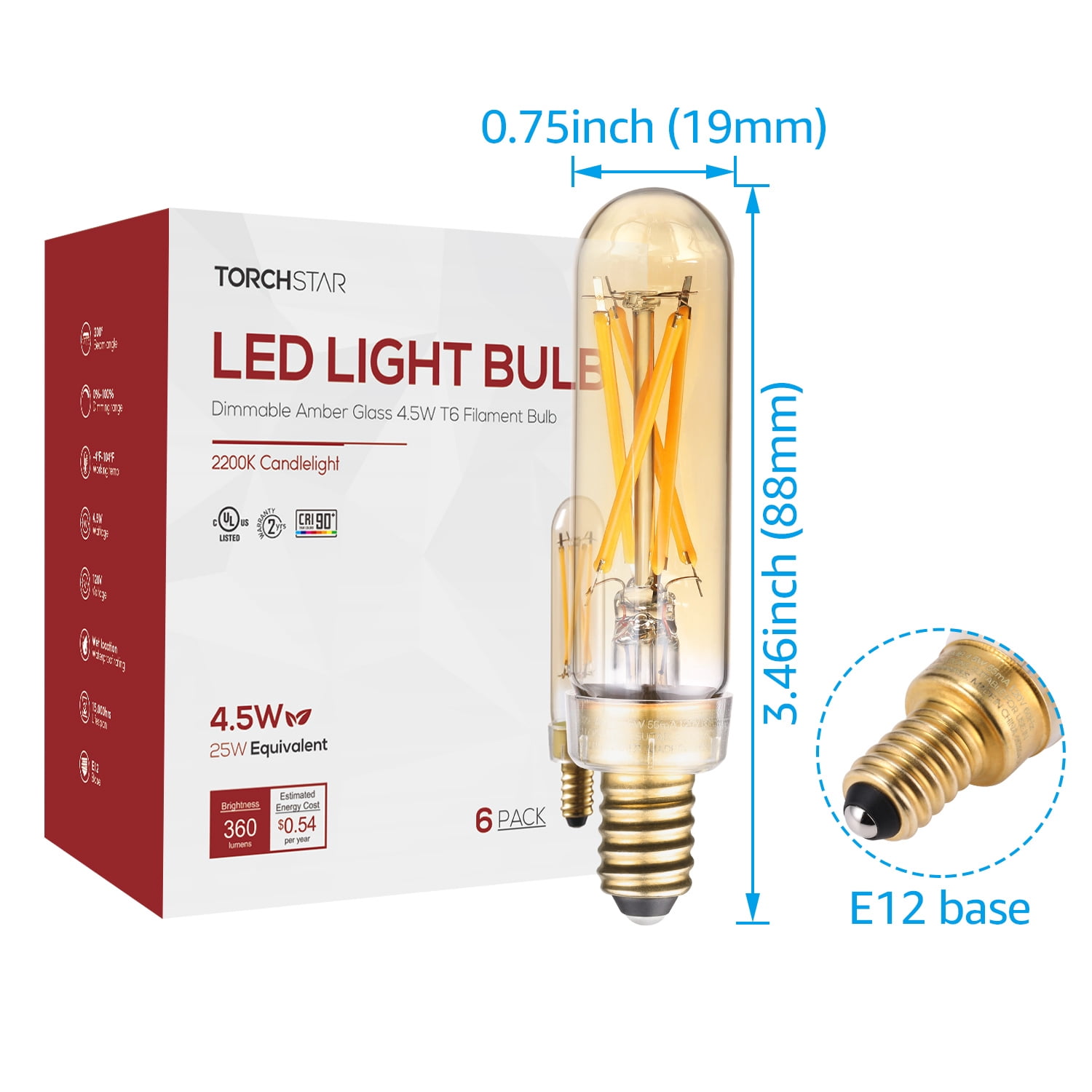 TORCHSTAR 6Pack T25 Tubular Edison Bulbs, Dimmable T6 LED Bulb, E12 Candelabra Bulb, 4.5W(25W Equiv.), for Chandelier, Wall Lamps, Amber Warm Glass