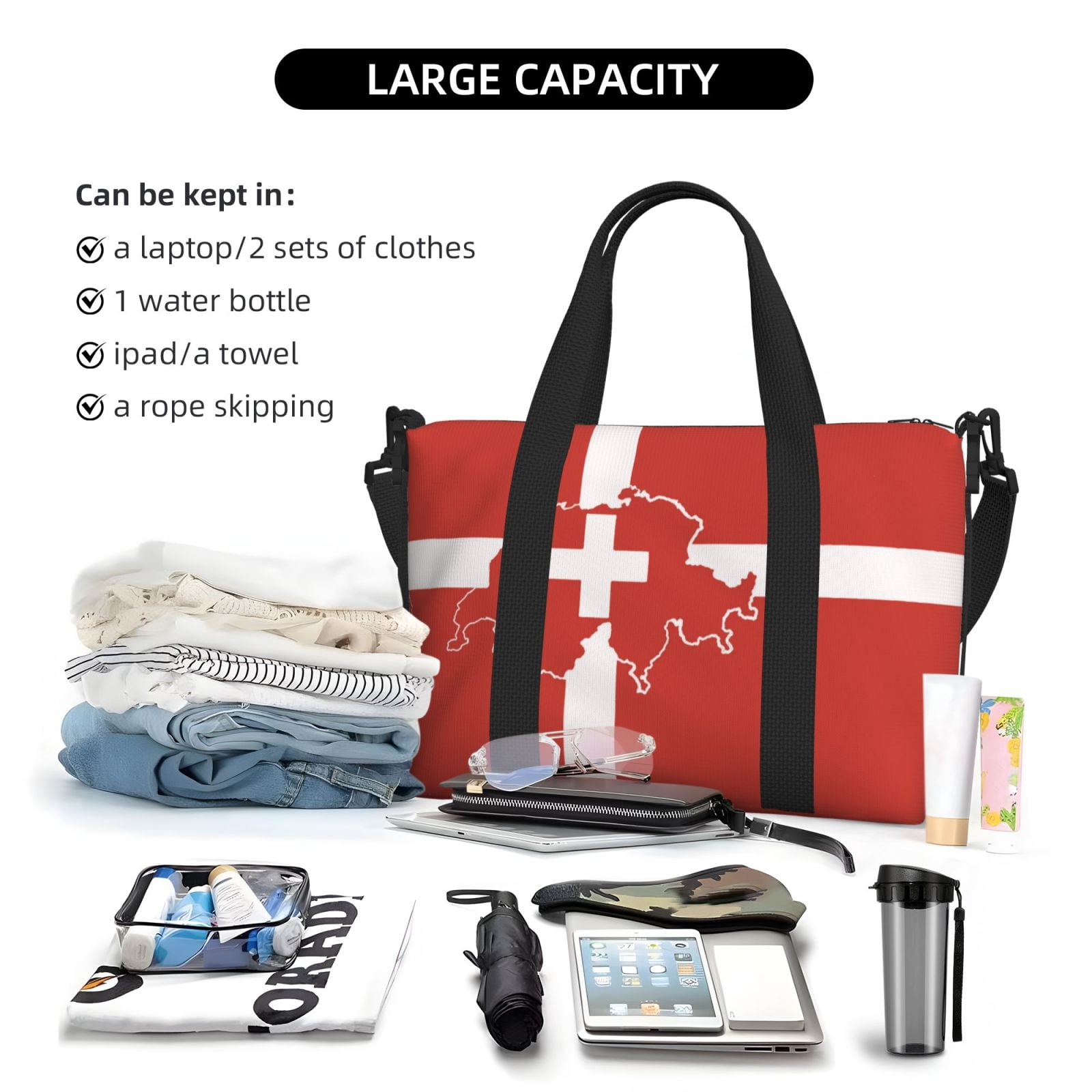 Travel Duffel Bag Switzerland Swiss Map Flag Sports Tote Gym Bag Shoulder Weekender Overnight Bag For Women Men