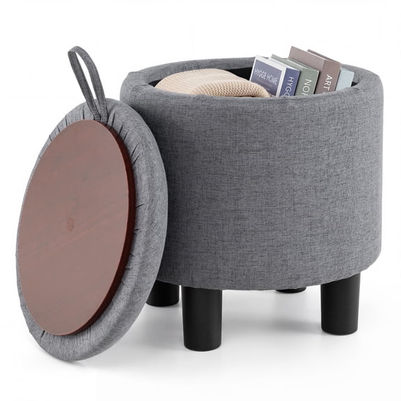 Gymax Round Storage Ottoman Linen Fabric Upholstered Footrest Stool w/ Removable Lid Gray