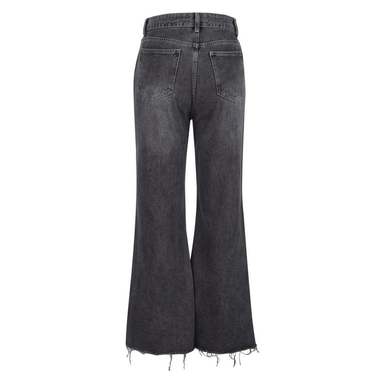 XFLWAM Women's Ripped Flare Bell Bottom Jeans Pants Retro Wide Leg Denim  Pants Dark Gray S 
