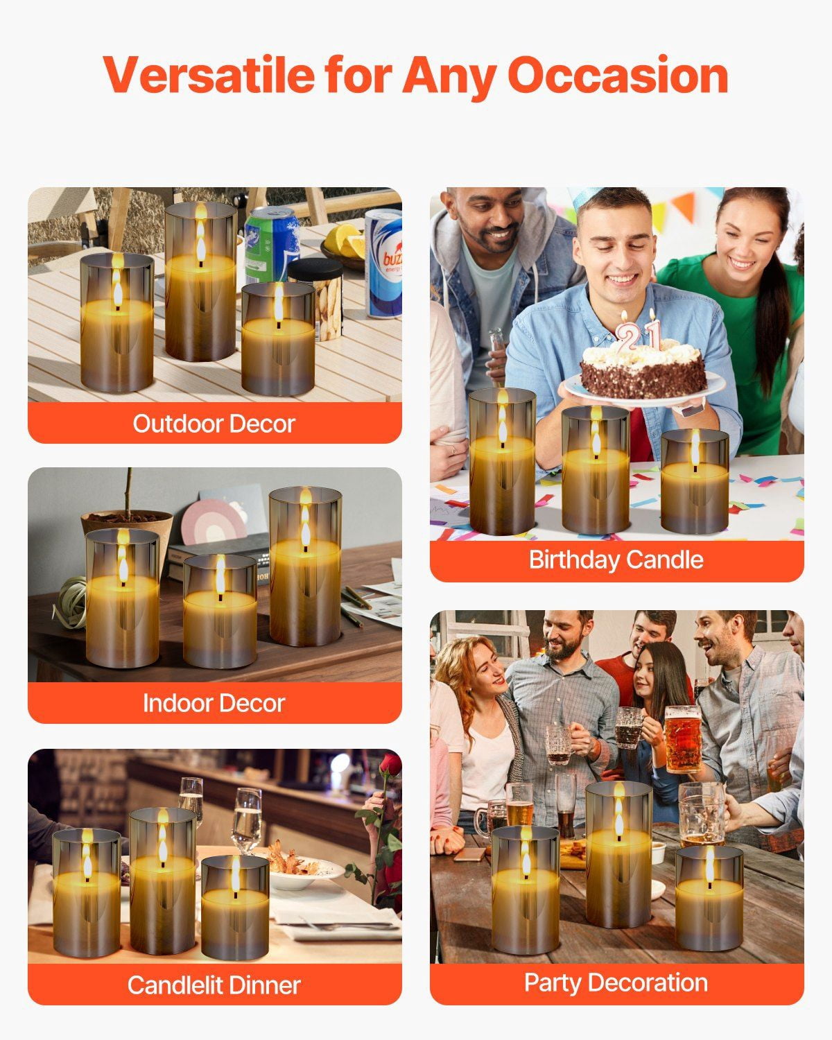 3 Pack Battery Operated Flameless LED Candles with Remote Control, 500-Hour Battery Life, Flickering Flame Effect, Safe for Kids and Pets, Gray Glass Wax Candles for Home Decor