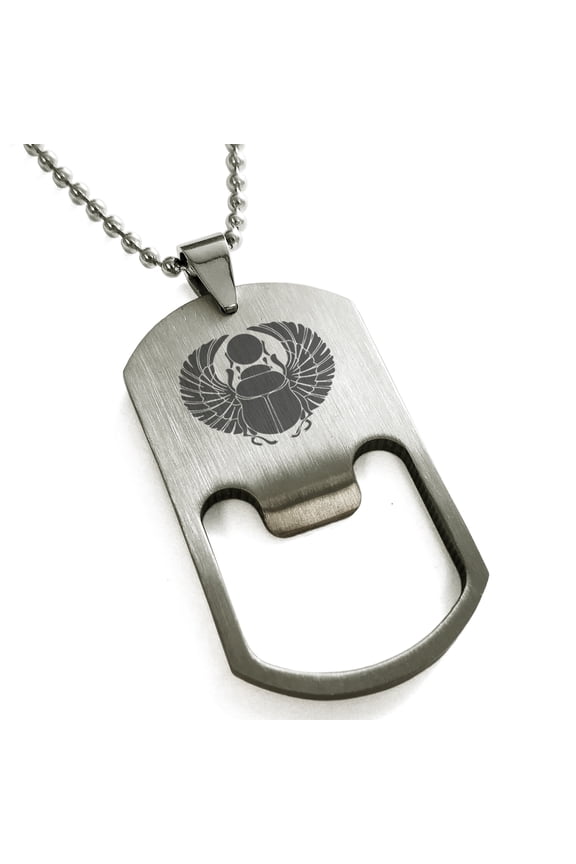 Stainless Steel Scarab Beetle Rising Sun Engraved Bottle Opener Dog Tag Pendant Necklace