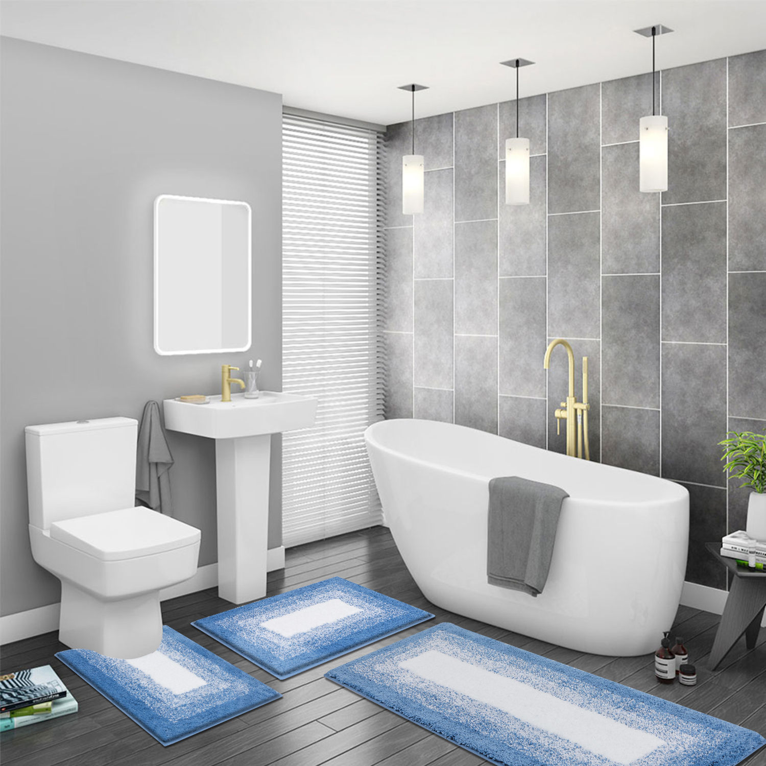 Ileading 4-Piece Bathroom Rug Set with Non-Slip Backing, Blue photo 7