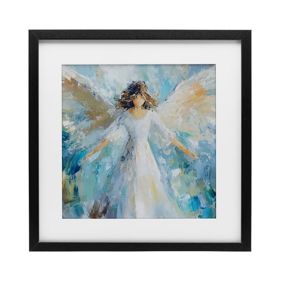 Flying Glory Angel Black Framed Print Under Glass, design by Petal Prints Design