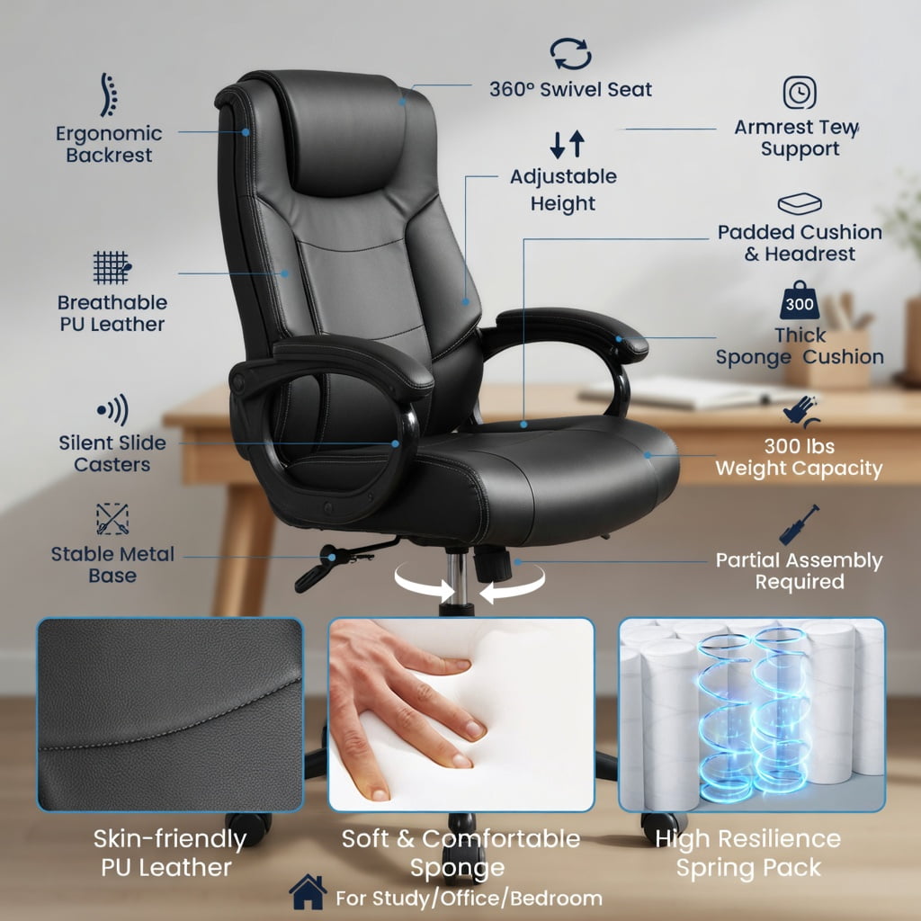 Spaco Big & Tall 400lb PU Leather Massage Office Chair-Black, Home Office Computer Desk Chair, Ergonomic Office Chair for Bedroom,Study