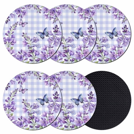 Purple Flowers Coasters Set of 6 Absorbent Coasters for Drinks Butterfly Spring Floral Checkered Farmhouse Coaster for Desk Coffee Table Protection Home Decor House Warming Gifts 4