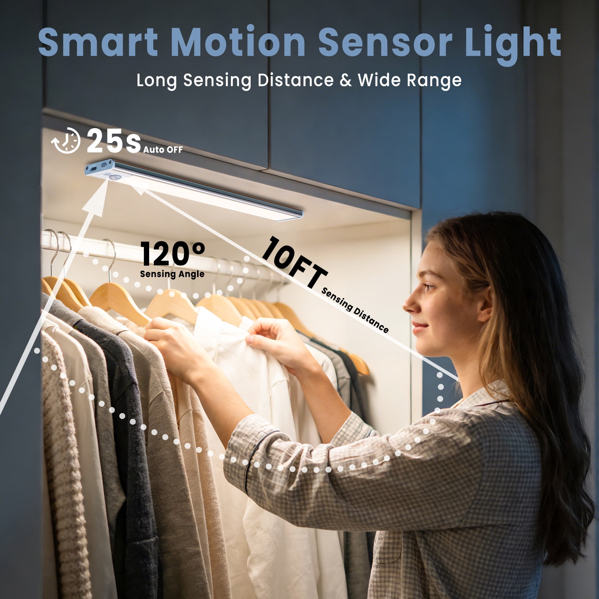 GUPUP Under Cabinet Lights, 34 LED Motion Sensor Light Indoor, Rechargeable Closet Lighting Kit with Magnetic for Kitchen Wardrobe Stairs, 4 Pack
