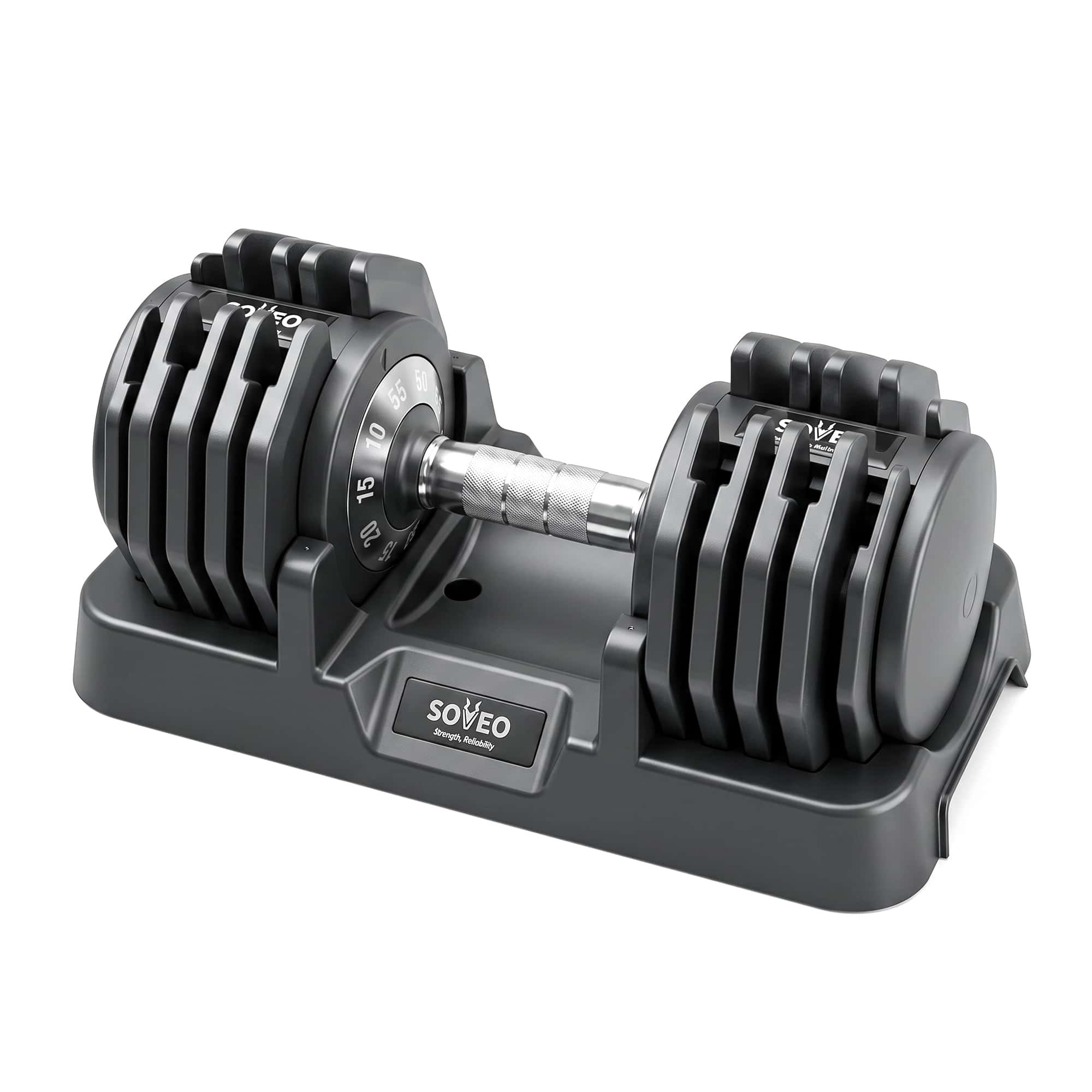 Adjustable Dumbbell, 5-55 lb Quick-Select Weight, Non-Slip Grip, Base Quickly switch from 5 to 55 lb for strength training, with a secure grip and included base for organized home gym storage