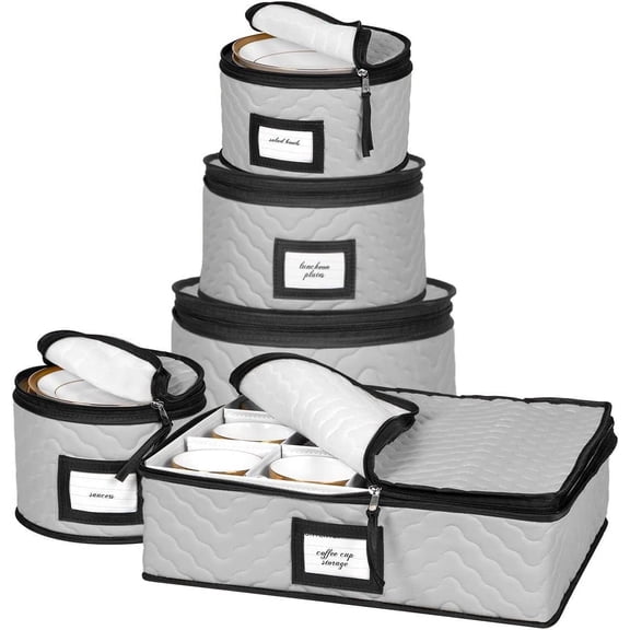 China Storage Containers 5-Piece Set Moving Boxes for Dinnerware, Glasses, Plates, Mugs and Saucers Sturdy Quilted Microfiber Dish Organizer with Dividers for Seasonal Storage - Holds Set of 12