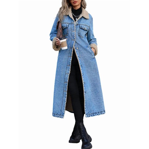 Female Winter -Lined Midi Long Denim Jacket Casual Button Down Jean Trench Coat Medium Blue XS