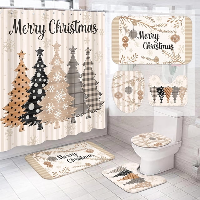Juego de cortinas de ducha navideñas Tingjoo Stripes Pine Trees