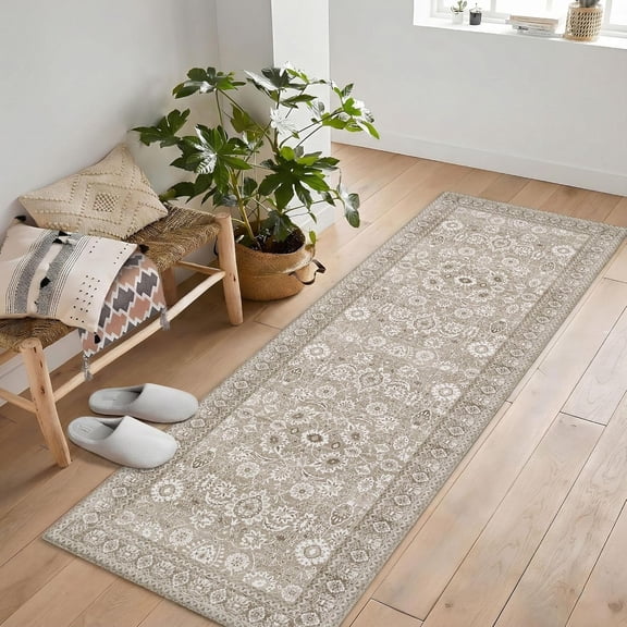 181 Degrees Traditional Oriental Kitchen Runner Rug Taupe & Ivory Floral Medallion, Non-Slip Low Pile Accent Rug for Kitchen, Entryway & Hallway -27x45 Inch