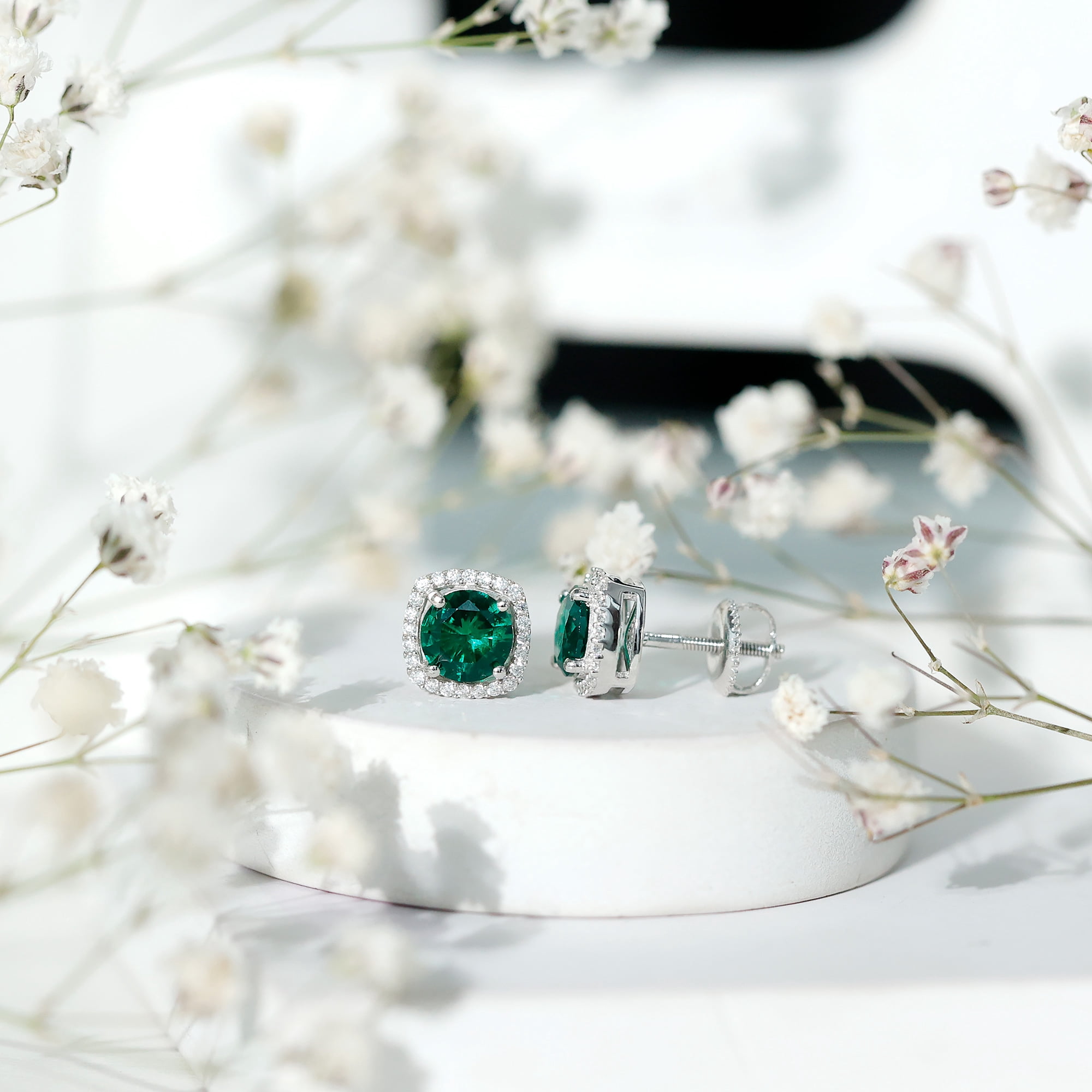 Rosec Jewels Lab Grown Emerald Earrings with Moissanite - Emerald Halo Stud Earrings in Silver - 6 mm - AAAA Quality