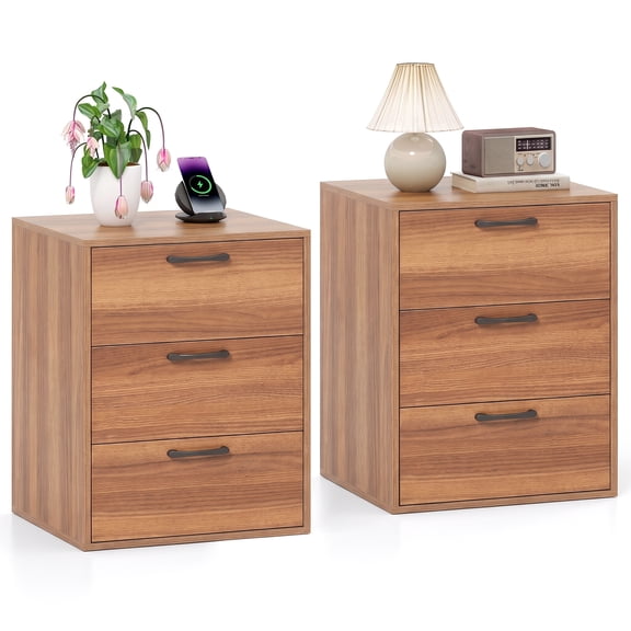 Costway 2PCS 3 Drawer Dresser Chest of Drawer Storage Cabinet with Wide Storage Space Walnut