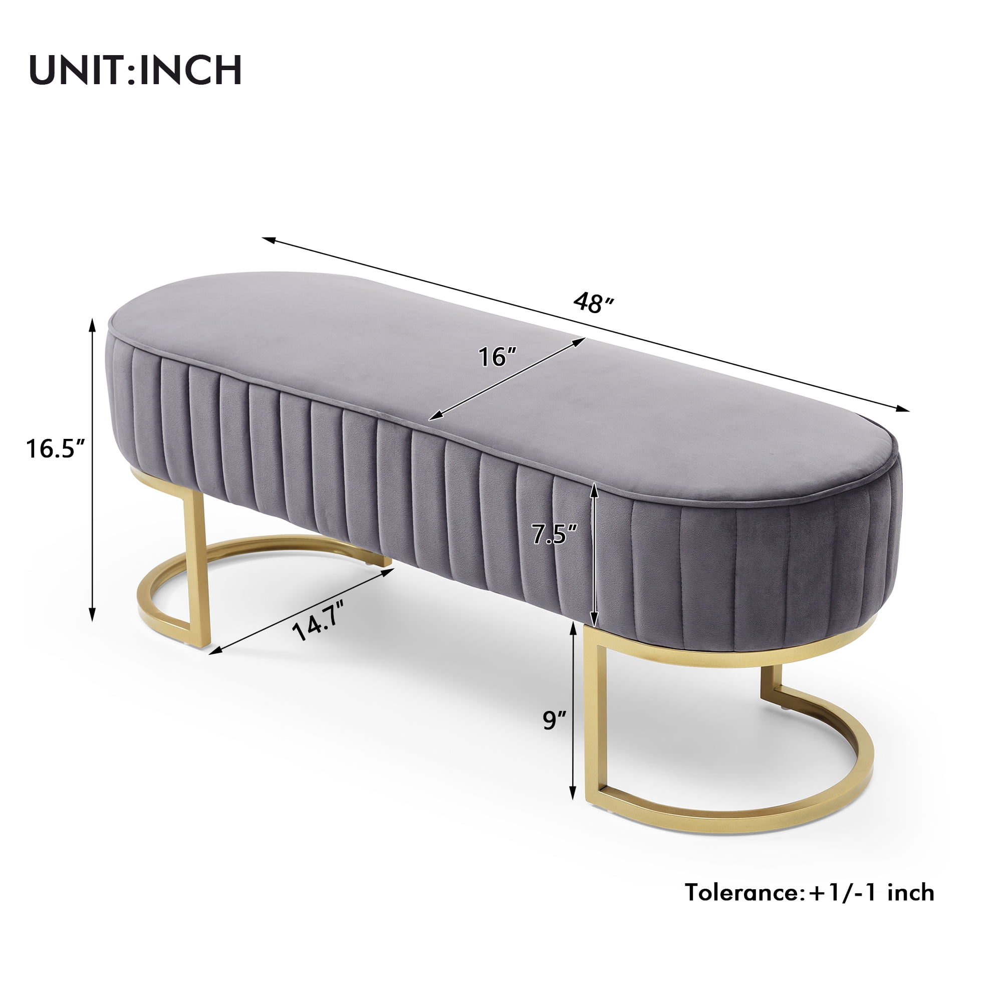Miniyam Bench Bedroom Bench,Velvet Oval Upholstered End of Bed Bench with Golden Metal Legs,Gray